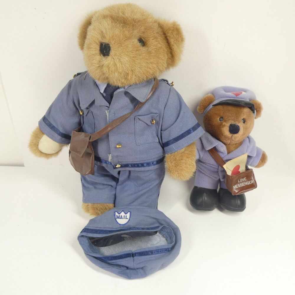 2 Mail Carrier Teddy Bears Dakin 1990s Vintage US Mail USPS Letter Mailman